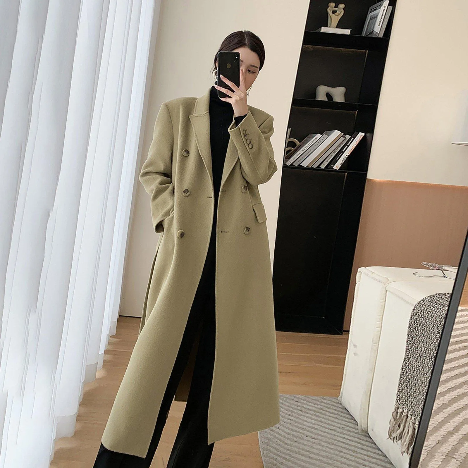 Women Olive Green Wool Long Coat,Double Faced Long Wool Coat,Warm Winter Coat,Wool Overcoat,Double breasted Woolen Coat,Beige Long Wool Coat