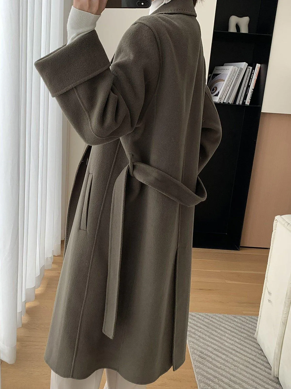 Women Double Faced Wool Long Coat,Handmade Coat,White Long Wool Coat,Olive Wool Overcoat,Wrap Wool Coat,Warm Winter Coat,Oversize Wool Coat