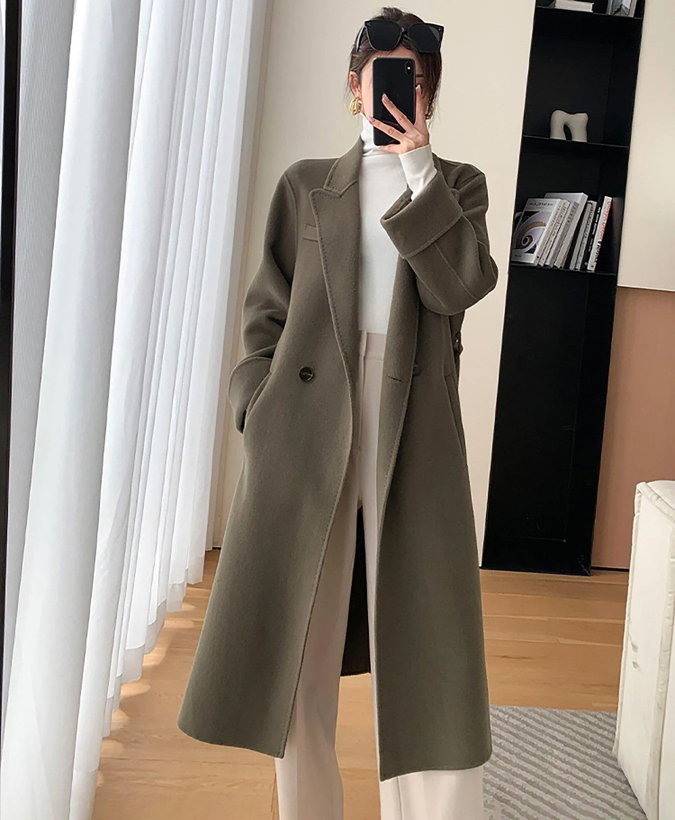 Women Double Faced Wool Long Coat,Handmade Coat,White Long Wool Coat,Olive Wool Overcoat,Wrap Wool Coat,Warm Winter Coat,Oversize Wool Coat