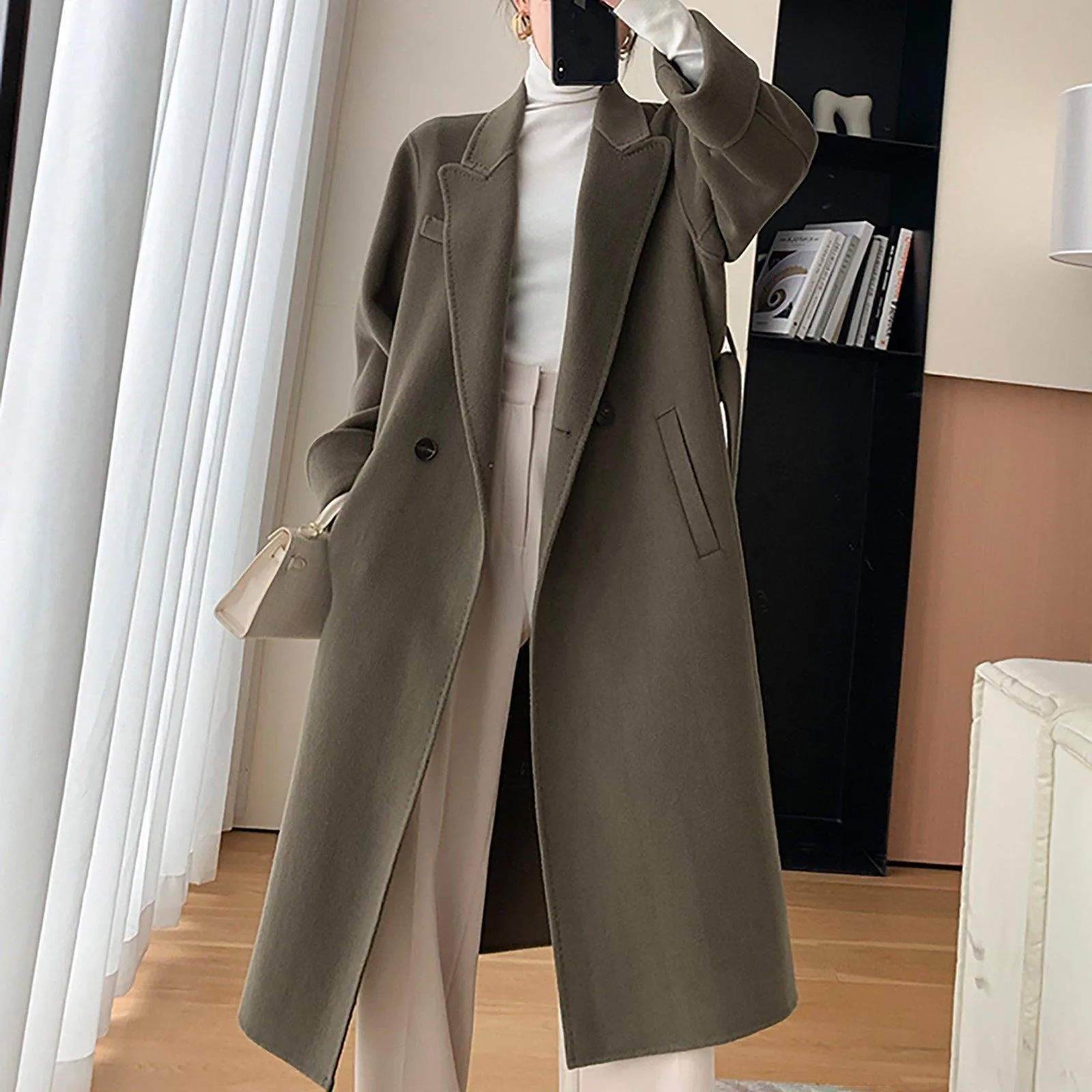 Women Double Faced Wool Long Coat,Handmade Coat,White Long Wool Coat,Olive Wool Overcoat,Wrap Wool Coat,Warm Winter Coat,Oversize Wool Coat