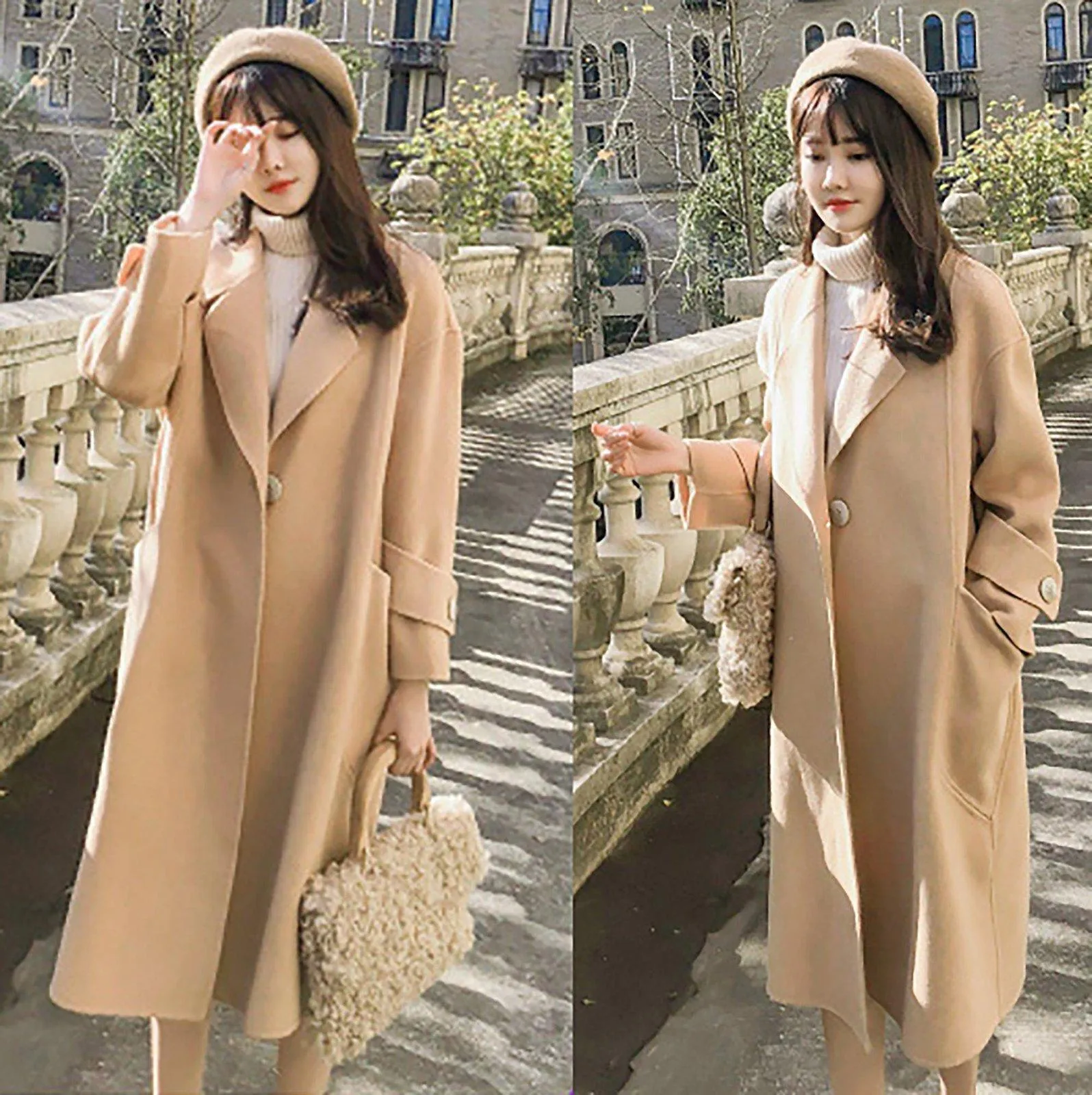 Women Wool Blend Coat duster cloth Over the knee Long Overcoat camel woolen coat Fall Winter Wool Coat Oversize One button Trench outerwear