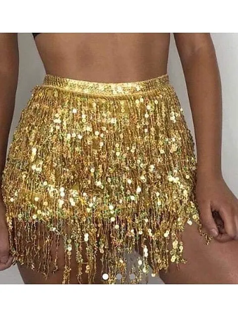 Sequin Asymmetrical Polyester Skirt in Silver, Black, Yellow, and Pink for Women