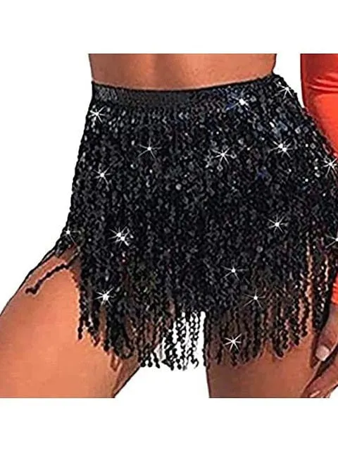 Sequin Asymmetrical Polyester Skirt in Silver, Black, Yellow, and Pink for Women