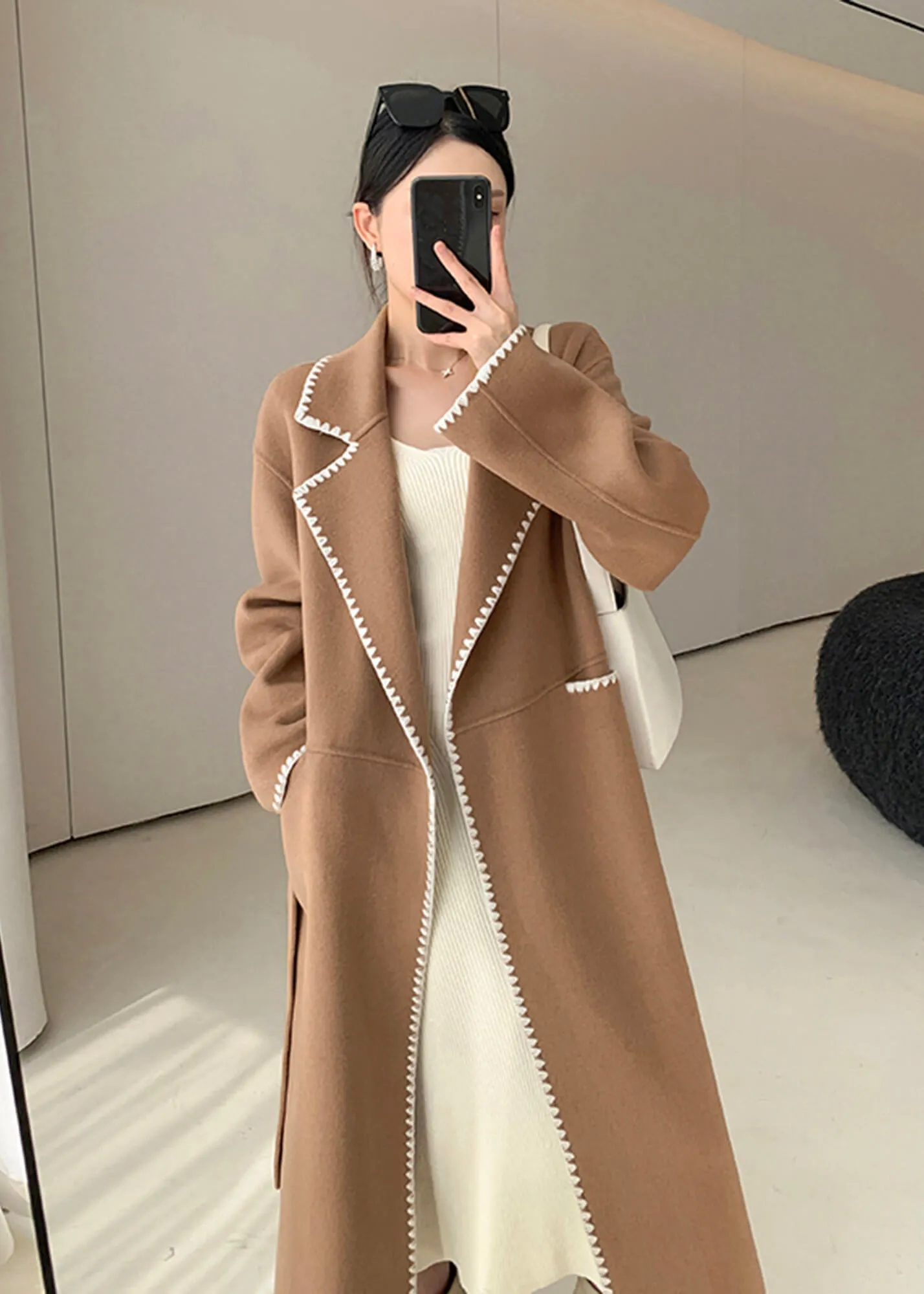 Toothhed Hem Wool Blend Belted Long Coat