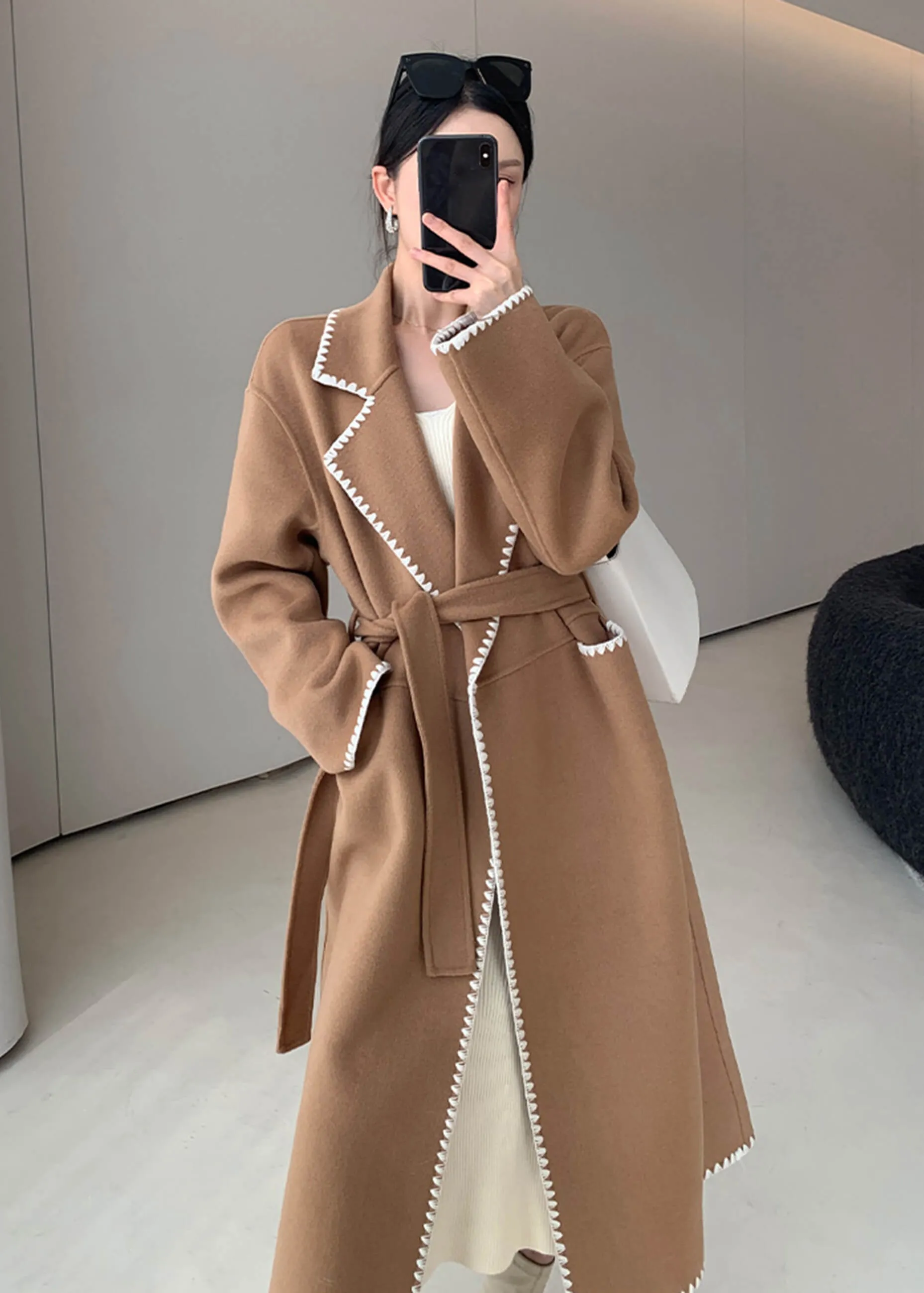 Toothhed Hem Wool Blend Belted Long Coat