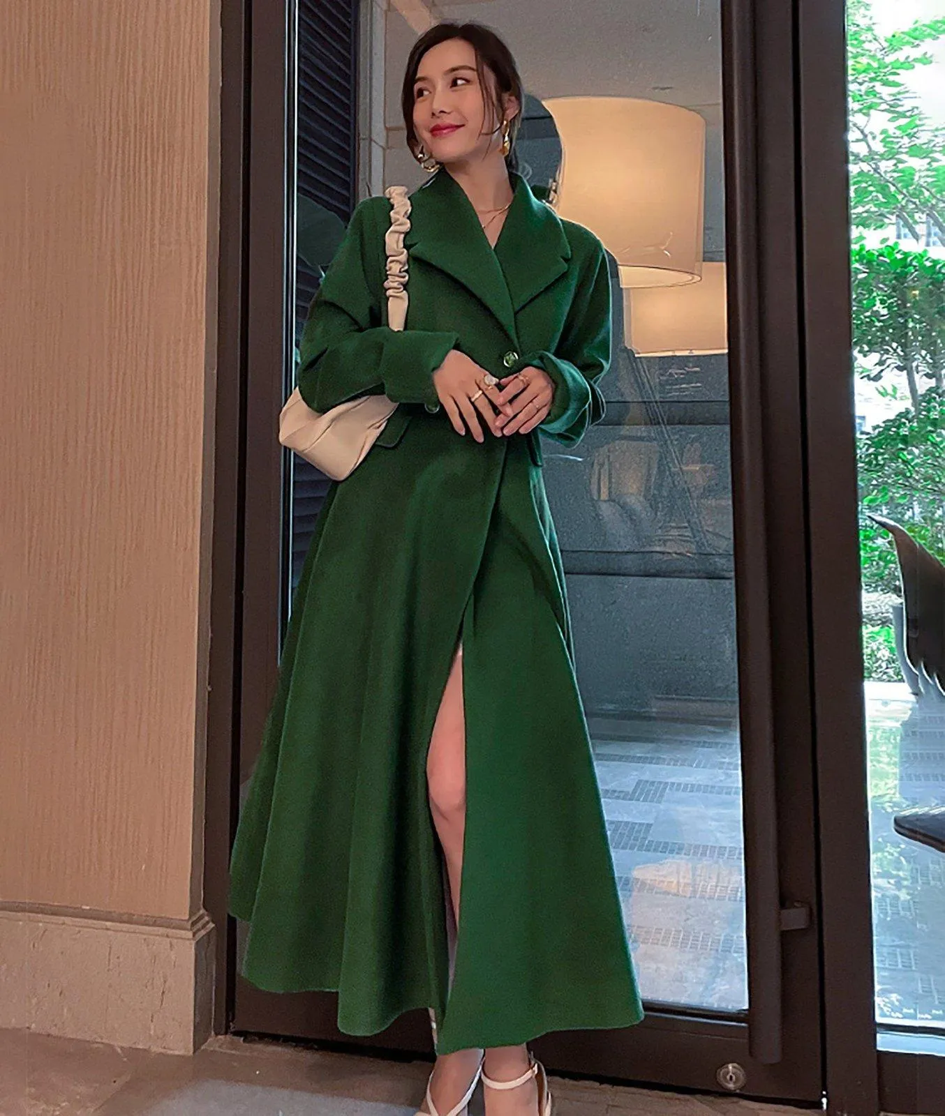 Women Green Wool Long Coat,Thicken Wool Overcoat,Double Breasted Coat,A line Wool Trench Reefer Coat,Warm Winter Coat,Green Long Wool Coat