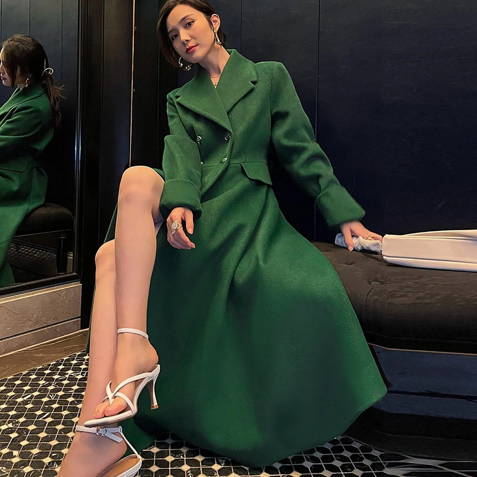 Women Green Wool Long Coat,Thicken Wool Overcoat,Double Breasted Coat,A line Wool Trench Reefer Coat,Warm Winter Coat,Green Long Wool Coat