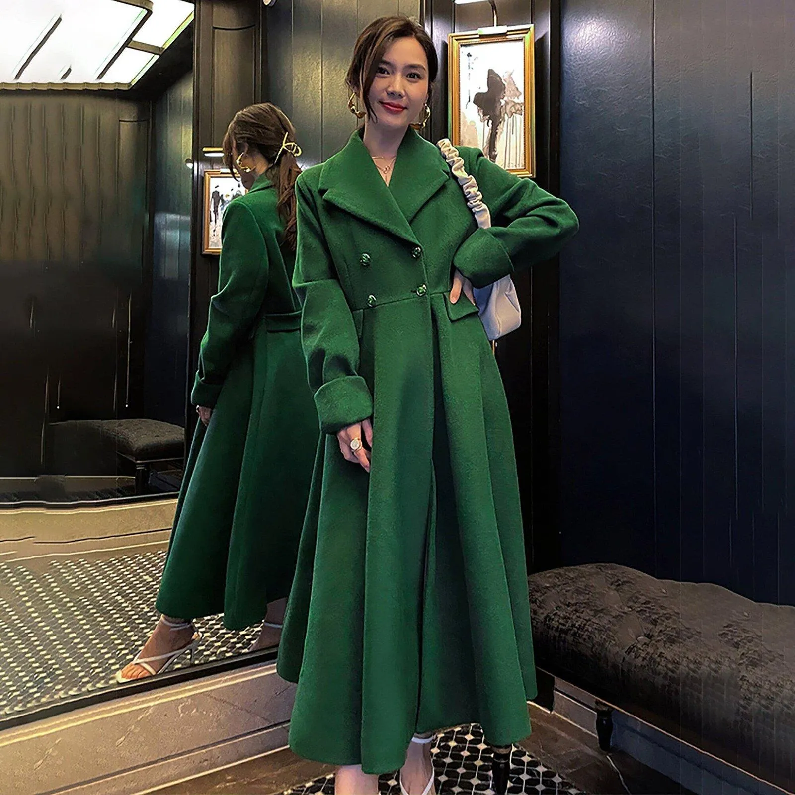 Women Green Wool Long Coat,Thicken Wool Overcoat,Double Breasted Coat,A line Wool Trench Reefer Coat,Warm Winter Coat,Green Long Wool Coat