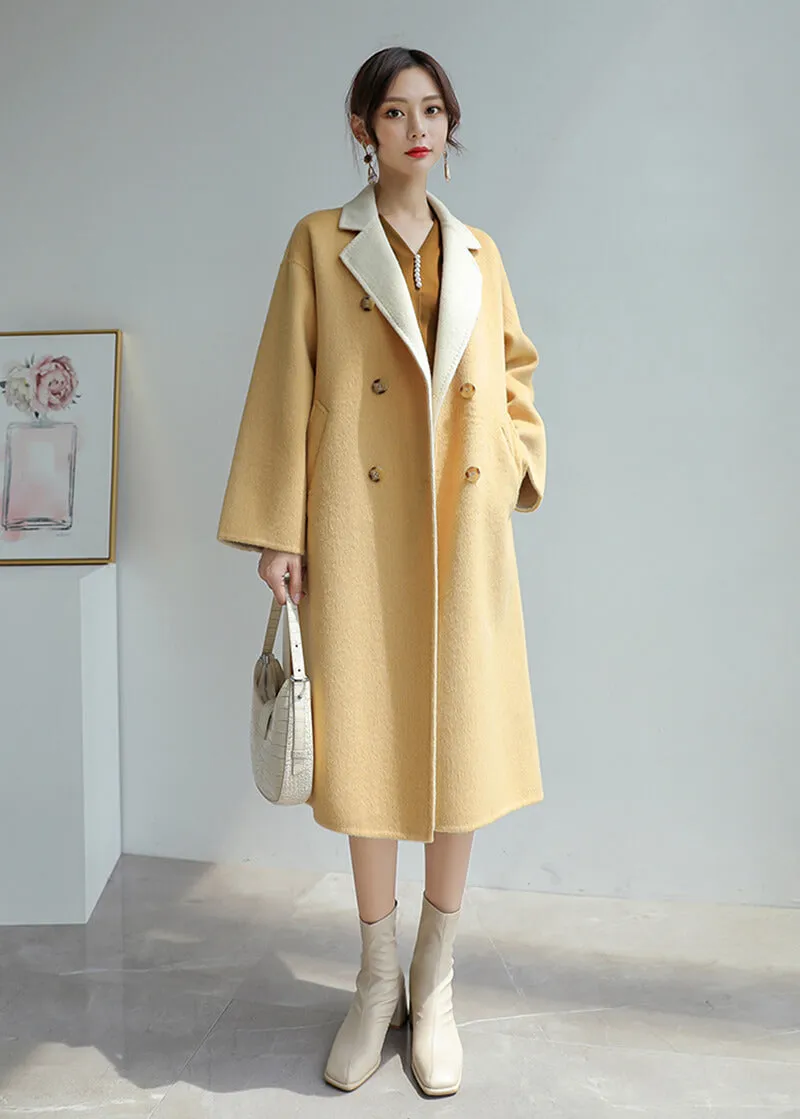 Women Yellow Double-sided wool coat winter light luxury Double Breasted Long Length Woolen coat Fall Wool Blend Coat Overcoat Outerwear