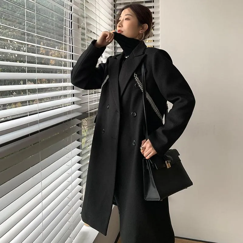 Black Link Double Breasted Chunky Long Wool Coat