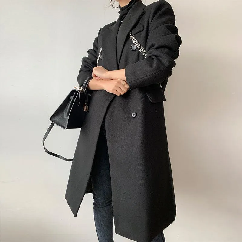 Black Link Double Breasted Chunky Long Wool Coat