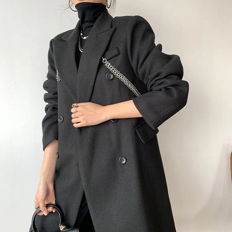 Black Link Double Breasted Chunky Long Wool Coat