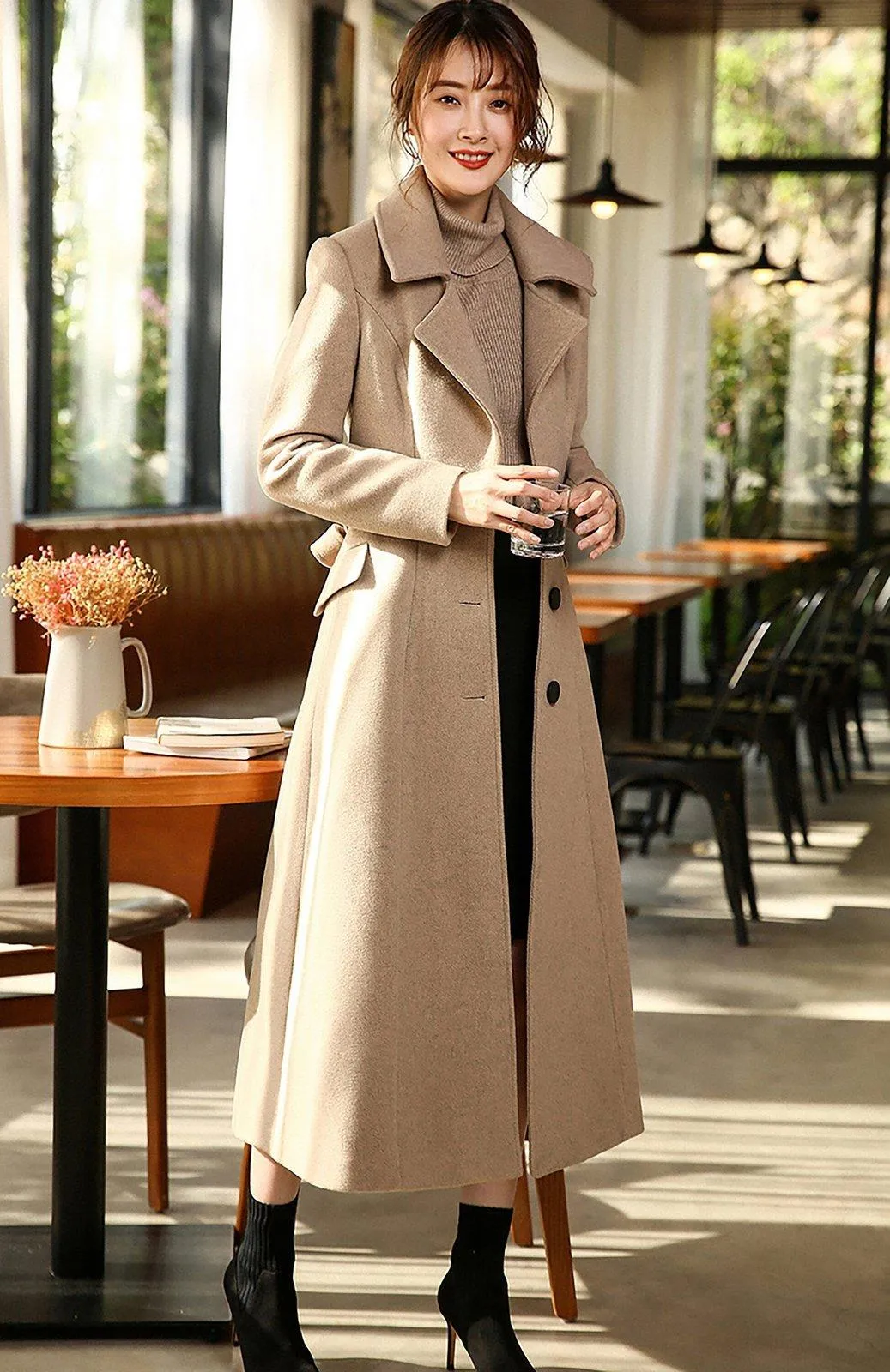 Women Custom Wool Coat,Single Breasted Woolen Coat,Winter Overcoat,Solid Peaked Lapel Long Coat,Wool Blend Coat,Red Khaki Coat,Outerwear