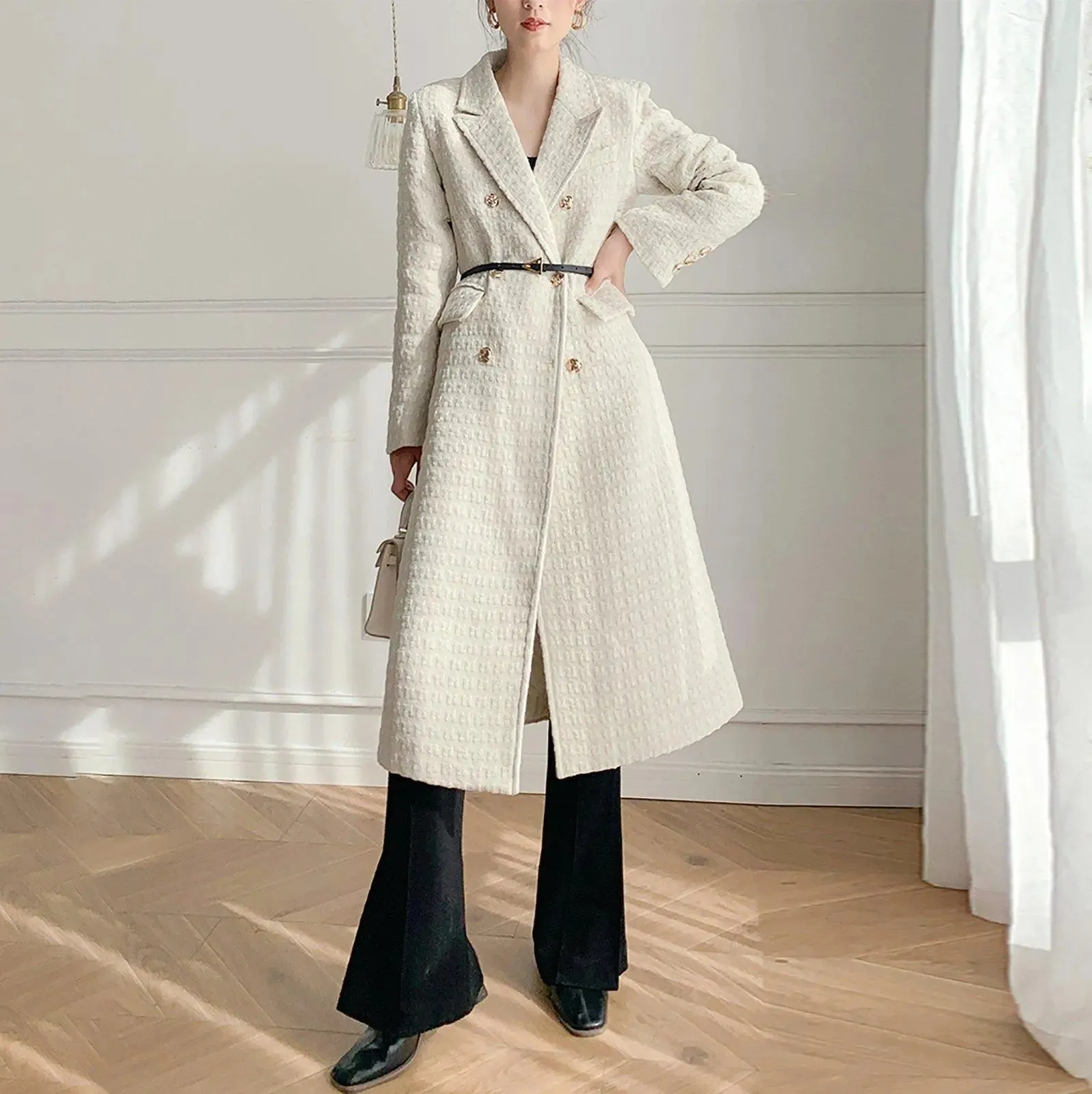 Women White Tweed Overcoat,Double breasted Coat,White Long Tweed Coat,Autumn Winter Coat women,Off white long coat,Fall coat women,Outerwear