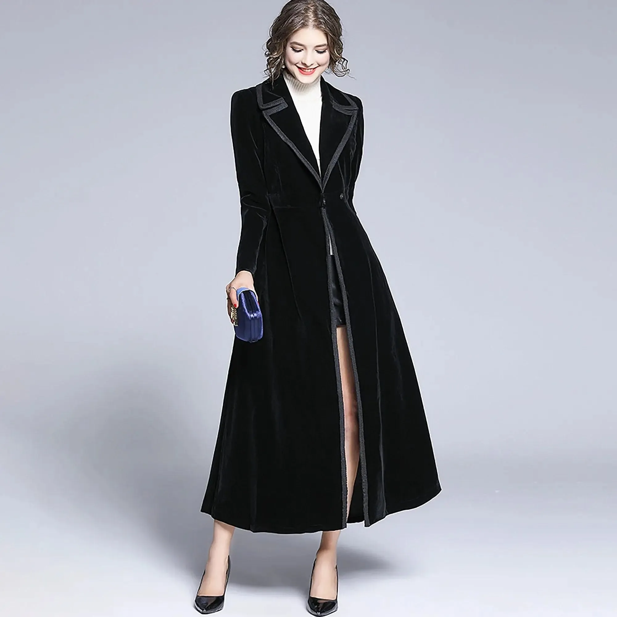 Women Winter Lapel Black Velvet Long Overcoat,Fall Trench Coat,Black Long Maxi Coat,Parka Overcoat Outwear,Blend Coat,overcoat female