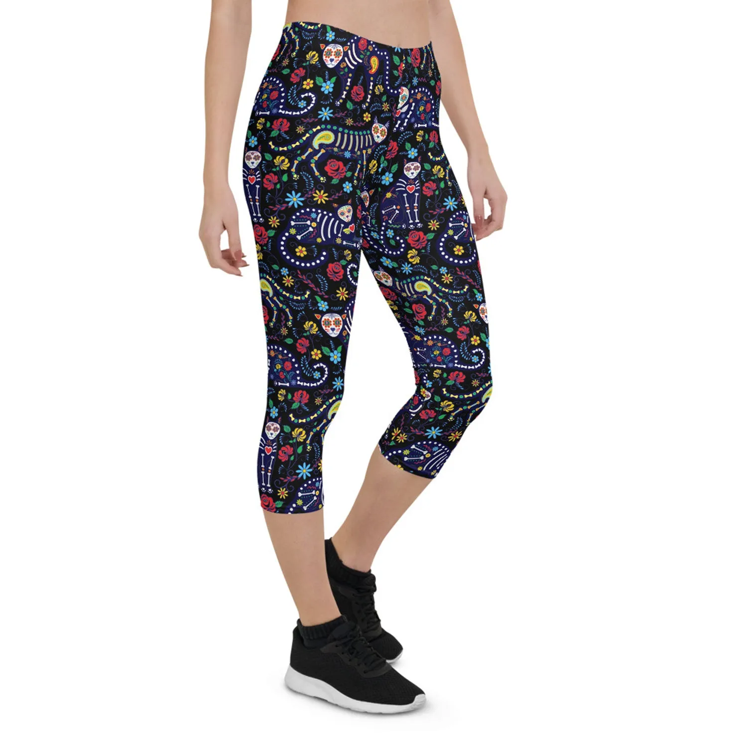 Womens Sugar Skull Cat Capri Leggings