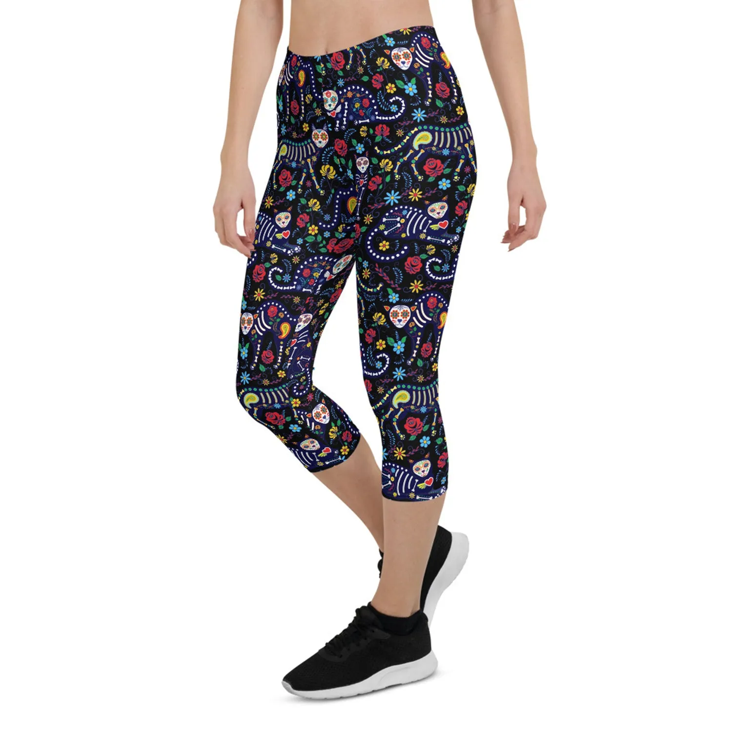 Womens Sugar Skull Cat Capri Leggings