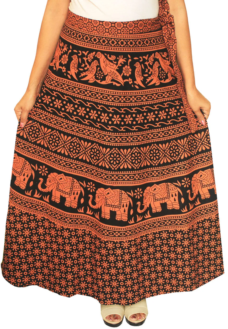 Long Indian Skirt Wrap Around Womens Cotton Indian Clothes (Brown)