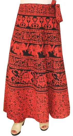 Womens Long Skirt Wrap Around Printed Cotton India Clothes (Red)