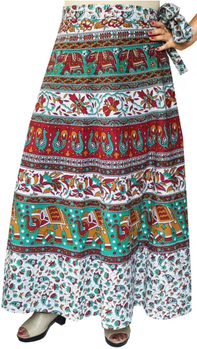 Women's Printed Long Cotton Wrap Around India Skirt (Green, One Size)