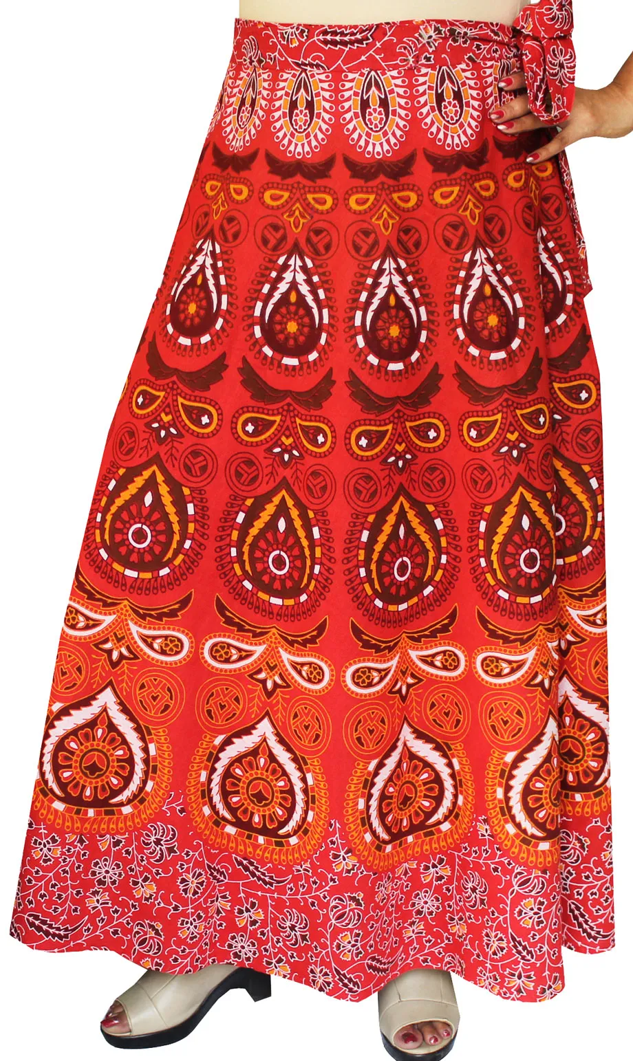 Indian Skirt Women's Cotton Printed Long Wrap Around Skirt (Red, One Size)