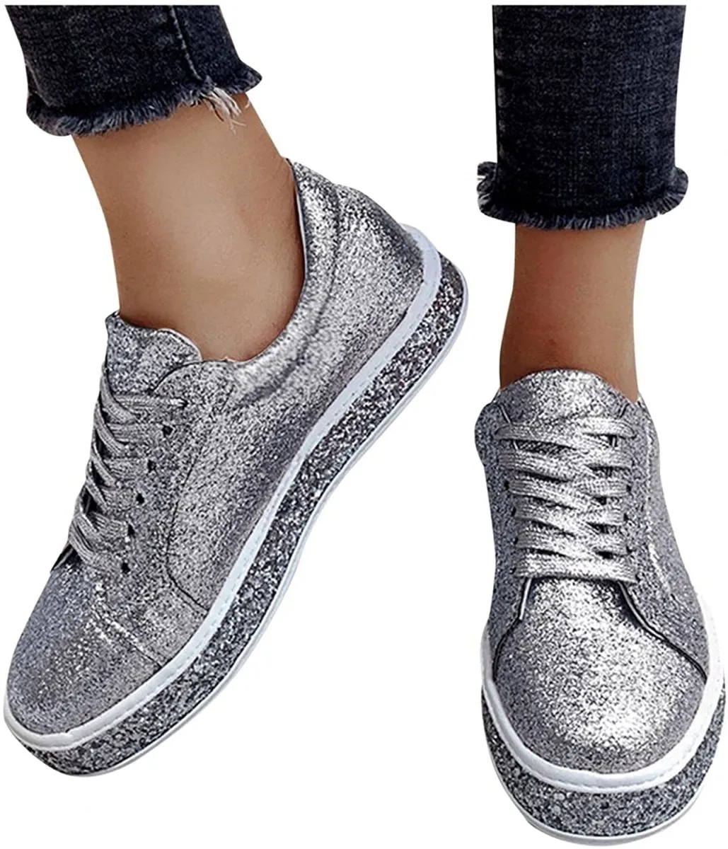 Platform Fashion Glitter Sequin Lace Up Chunky Bottom Slip On Trendy Leather Low Top Canvas Sneakers