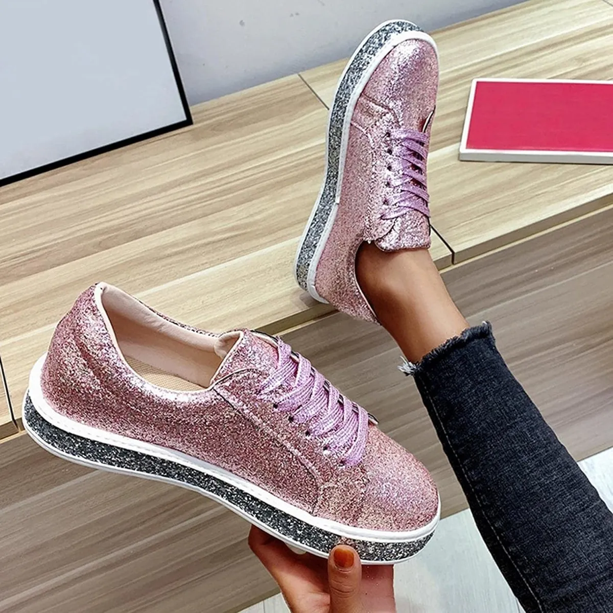 Platform Fashion Glitter Sequin Lace Up Chunky Bottom Slip On Trendy Leather Low Top Canvas Sneakers