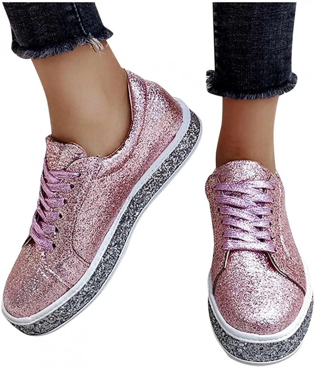 Platform Fashion Glitter Sequin Lace Up Chunky Bottom Slip On Trendy Leather Low Top Canvas Sneakers