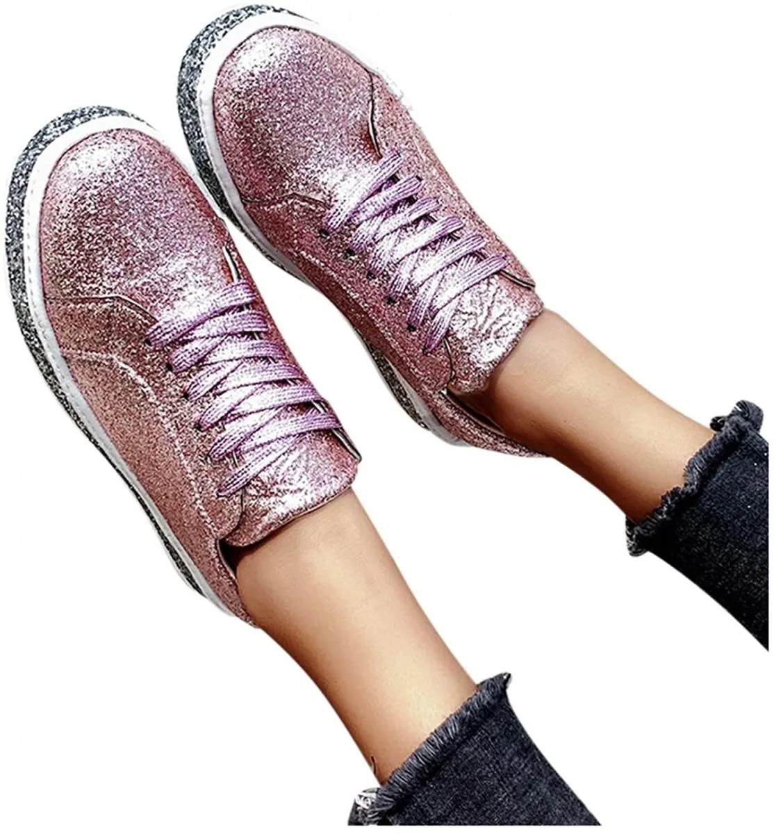 Platform Fashion Glitter Sequin Lace Up Chunky Bottom Slip On Trendy Leather Low Top Canvas Sneakers