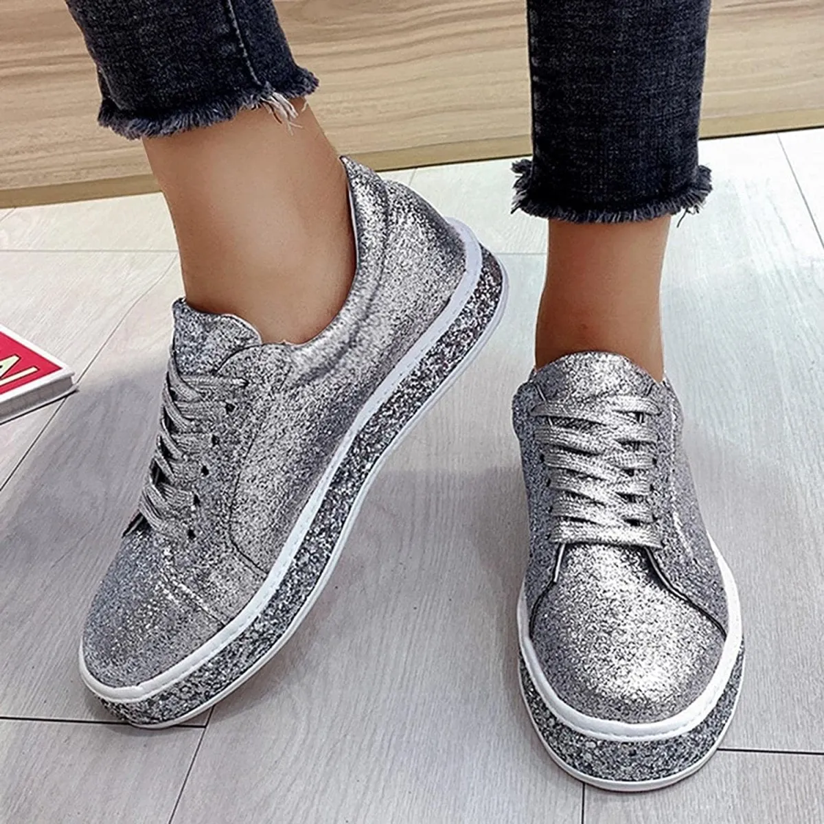 Platform Fashion Glitter Sequin Lace Up Chunky Bottom Slip On Trendy Leather Low Top Canvas Sneakers