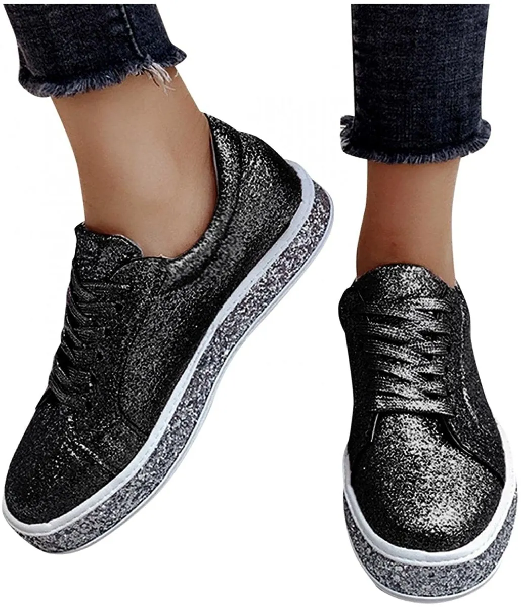 Platform Fashion Glitter Sequin Lace Up Chunky Bottom Slip On Trendy Leather Low Top Canvas Sneakers