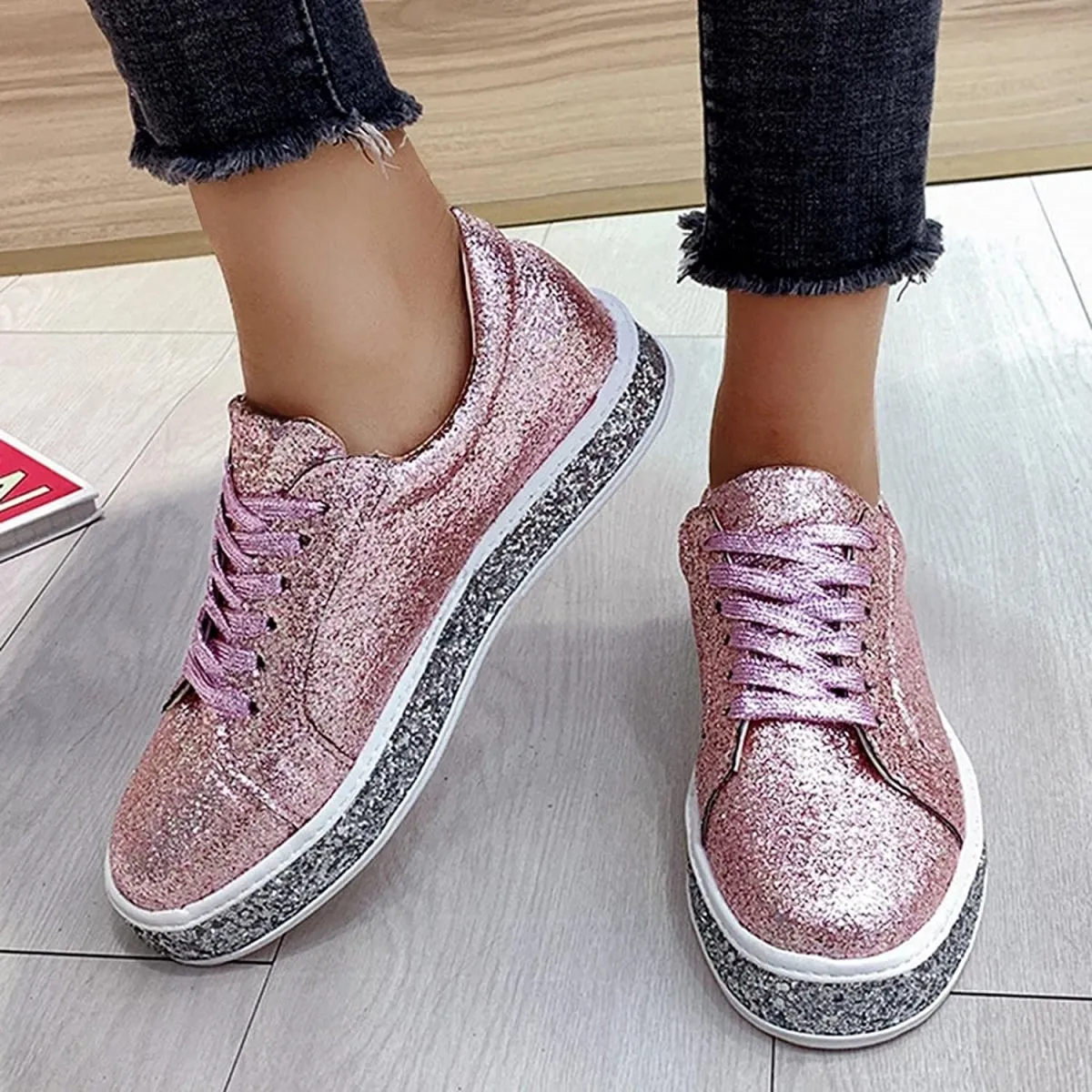 Platform Fashion Glitter Sequin Lace Up Chunky Bottom Slip On Trendy Leather Low Top Canvas Sneakers