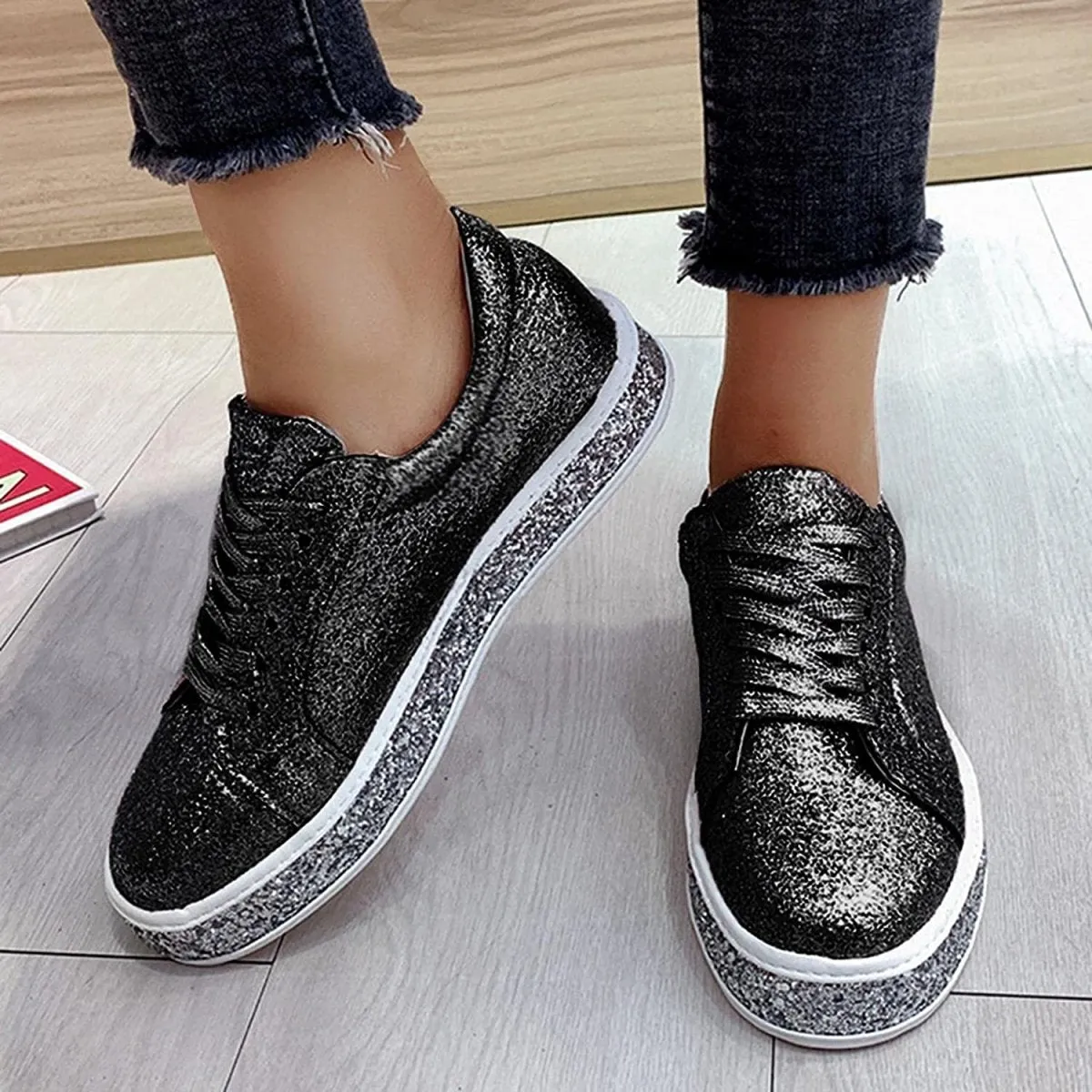 Platform Fashion Glitter Sequin Lace Up Chunky Bottom Slip On Trendy Leather Low Top Canvas Sneakers