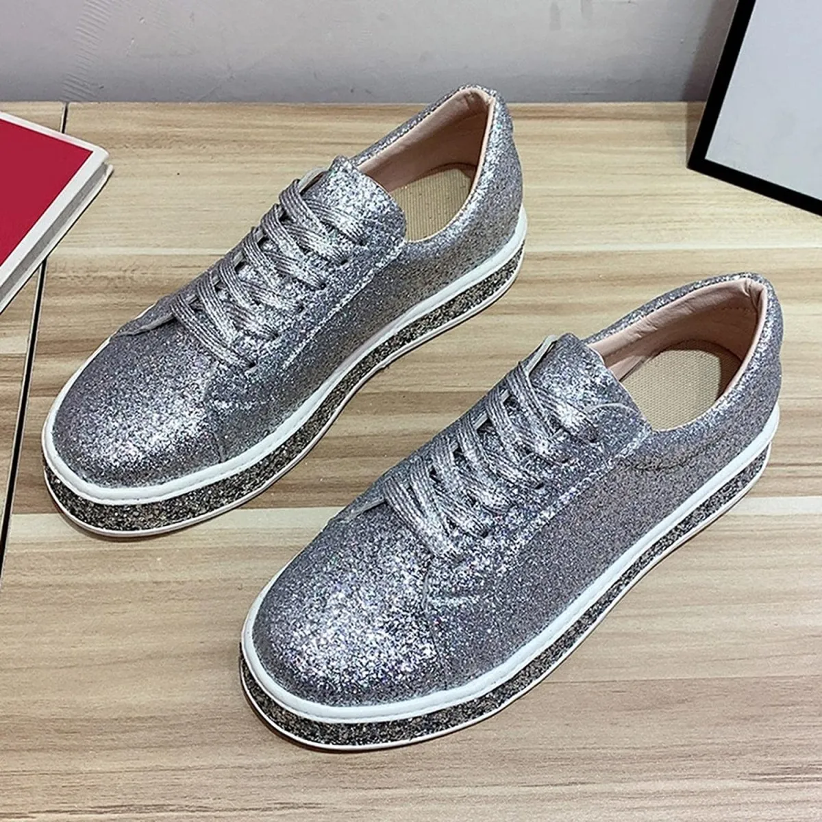 Platform Fashion Glitter Sequin Lace Up Chunky Bottom Slip On Trendy Leather Low Top Canvas Sneakers