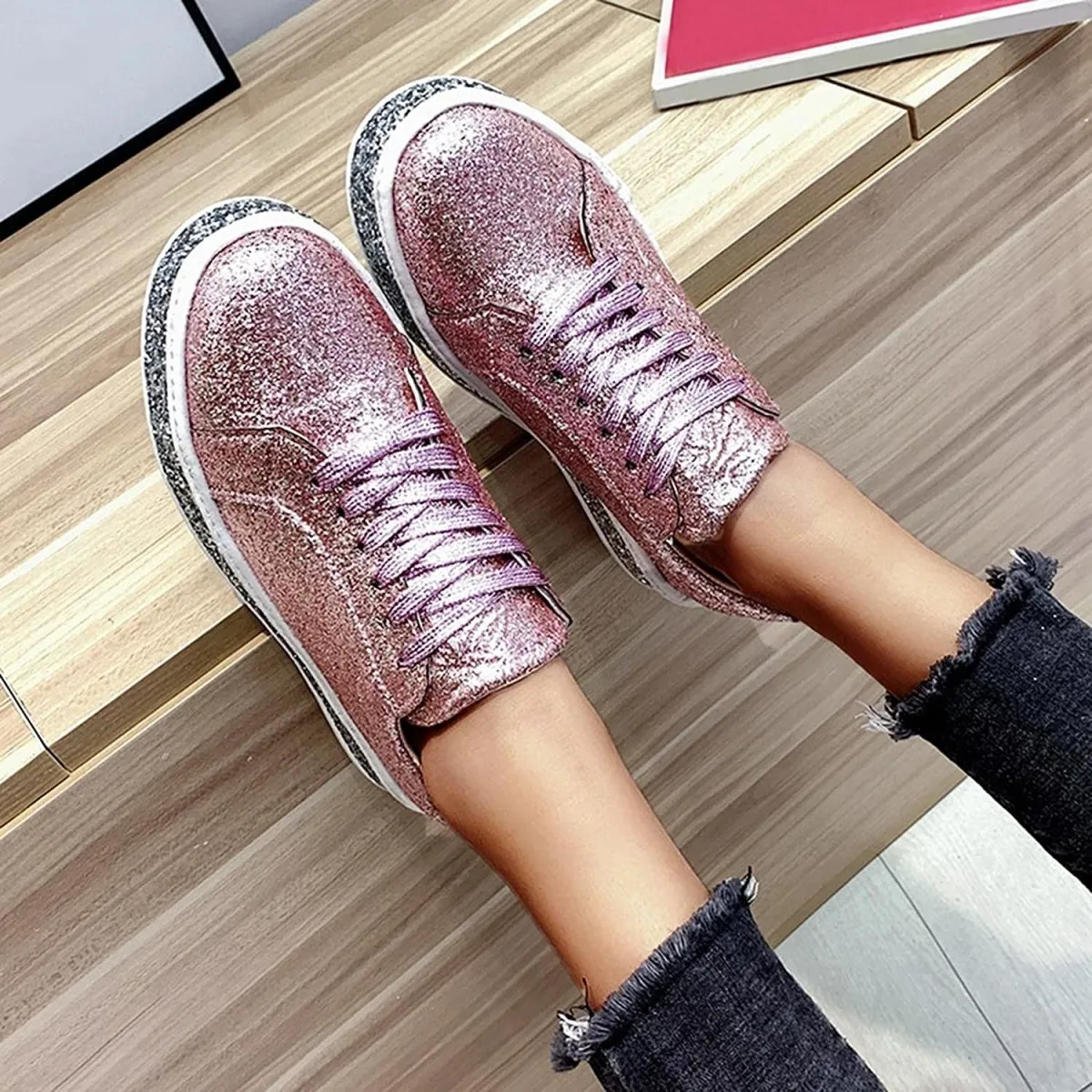 Platform Fashion Glitter Sequin Lace Up Chunky Bottom Slip On Trendy Leather Low Top Canvas Sneakers