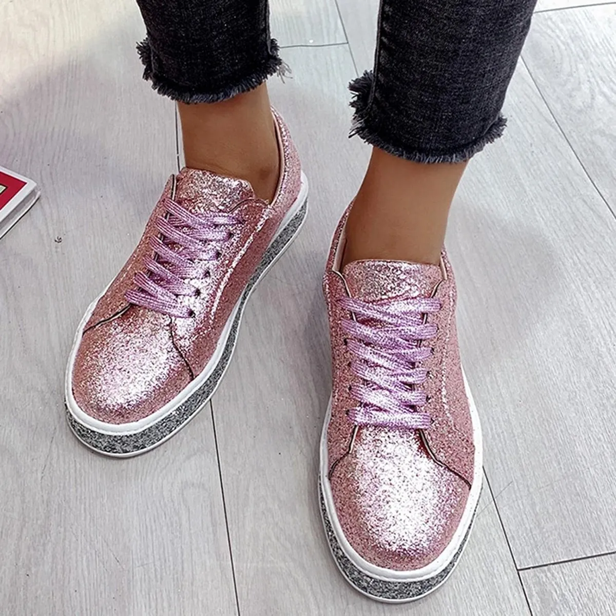 Platform Fashion Glitter Sequin Lace Up Chunky Bottom Slip On Trendy Leather Low Top Canvas Sneakers