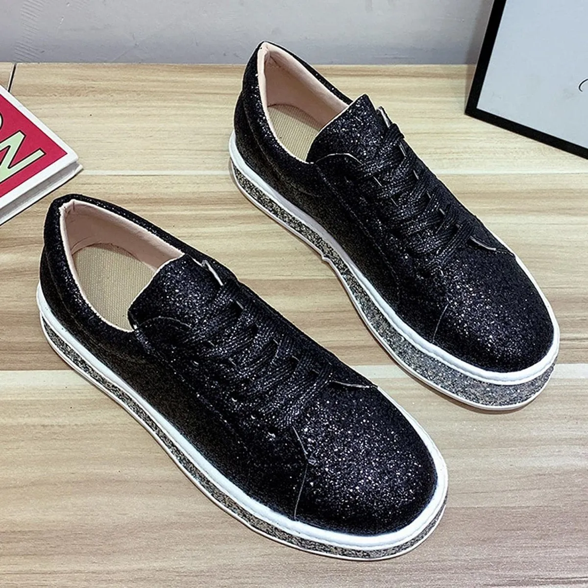 Platform Fashion Glitter Sequin Lace Up Chunky Bottom Slip On Trendy Leather Low Top Canvas Sneakers