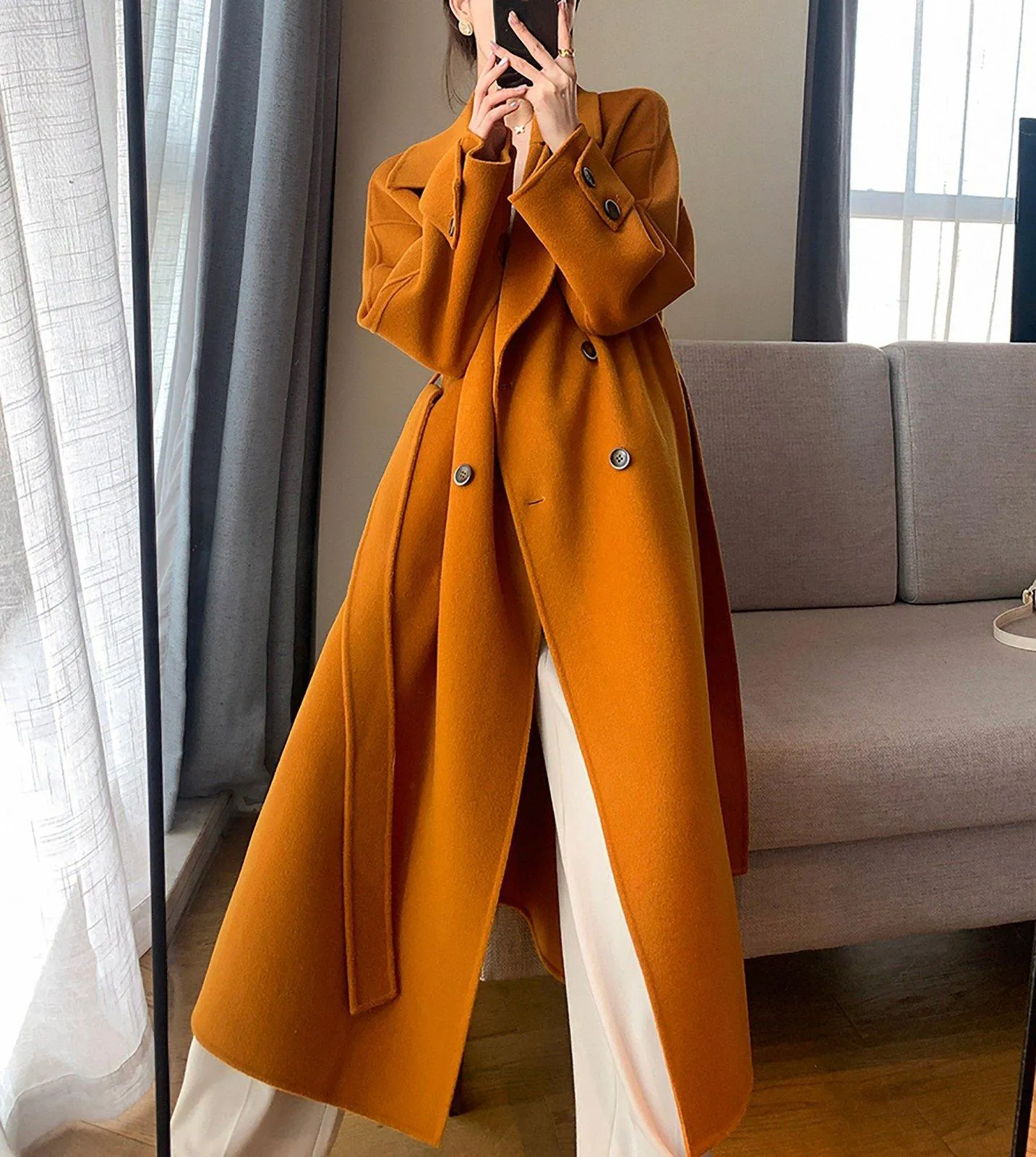 Women Double faced Wool Long Coat,Orange Long Wool Coat,Belted Wool Overcoat,Grey Wool Long Coat,Winter Coat Women,Oversize Maxi Wool Coat