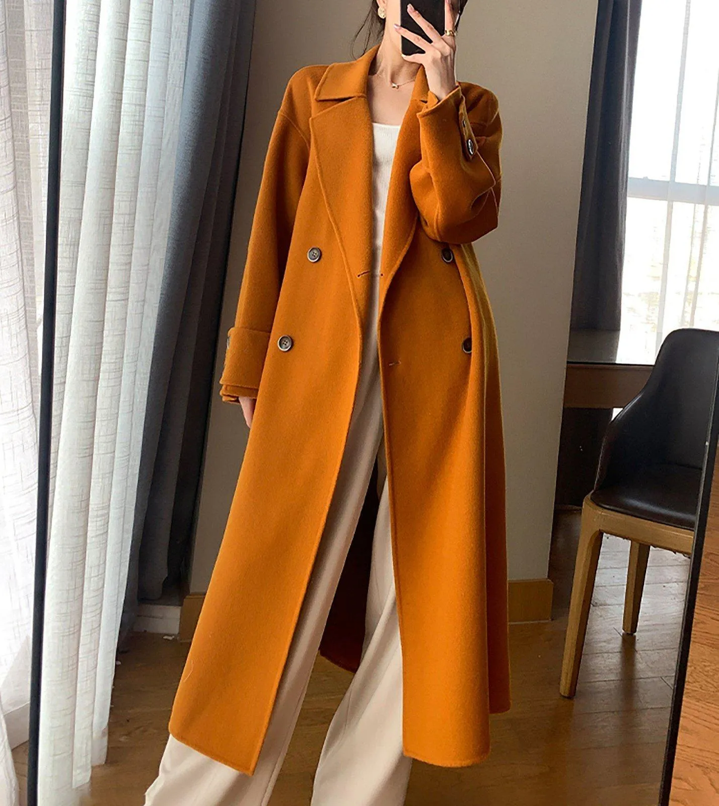 Women Double faced Wool Long Coat,Orange Long Wool Coat,Belted Wool Overcoat,Grey Wool Long Coat,Winter Coat Women,Oversize Maxi Wool Coat