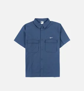 Woven Military Button Down Mens Short Sleeve Shirt - Blue