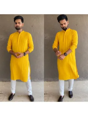 Yellow Rayon Chikankari Men Kurta with Payjama (Set 2)